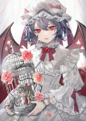 Rule 34 | 1girl, absurdres, alternate costume, bat wings, birdcage, blue hair, bow, bowtie, brooch, cage, character doll, closed mouth, commentary, cowboy shot, daimaou ruaeru, dress, expressionless, flandre scarlet, flower, frills, hair between eyes, hat, hat bow, highres, holding, jewelry, lace, lace-trimmed dress, lace-trimmed headwear, lace-trimmed sleeves, lace trim, lips, looking at viewer, mob cap, pink flower, pink rose, red bow, red bowtie, red eyes, remilia scarlet, rose, short hair, solo, thorns, touhou, white dress, white hat, wings