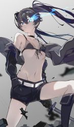 Rule 34 | 1girl, absurdres, bare shoulders, bikini, bikini top only, black bikini, black footwear, black gloves, black hair, black jacket, black rock shooter, black rock shooter (character), black shorts, blue eyes, boots, breasts, flaming eye, front-tie top, gloves, grey background, highres, holding, holding sword, holding weapon, jacket, karasu btk, long hair, looking at viewer, navel, off shoulder, rubble, scar, shorts, small breasts, solo, stomach, swimsuit, sword, twintails, weapon
