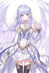Rule 34 | 1girl, angel wings, black thighhighs, blue eyes, blush, breasts, commentary, cowboy shot, dress, eyelashes, falcom, jewelry, long hair, long sleeves, looking at viewer, medium breasts, necklace, off-shoulder dress, off shoulder, reah (ys), silver hair, simple background, smile, solo, taue shunsuke, thighhighs, thighs, white background, white dress, wings, ys, ys origin, zettai ryouiki