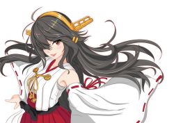 Rule 34 | 1girl, absurdres, black hair, detached sleeves, eyeshadow, grey hair, hair ornament, hair over one eye, hairband, hairclip, haruna (kancolle), headgear, highres, japanese clothes, kantai collection, lips, long hair, looking at viewer, makeup, nitamako (sakamalh), red eyes, ribbon-trimmed sleeves, ribbon trim, simple background, smile, solo, white background
