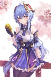 Rule 34 | 1girl, absurdres, ahoge, black pantyhose, blue hair, blush, breasts, cherry blossoms, closed mouth, commentary request, commission, cosplay, cowboy shot, detached sleeves, dress, flower, food, frilled dress, frills, fruit, ganyu (genshin impact), genshin impact, gloves, goat horns, grapes, hair between eyes, hair flower, hair ornament, highres, holding, holding food, holding fruit, horns, keqing (genshin impact), keqing (genshin impact) (cosplay), korean commentary, kuca (ku ca18), long hair, looking at viewer, medium breasts, mixed-language commentary, pantyhose, petals, pink flower, pixiv commission, purple dress, purple eyes, purple gloves, solo, standing, very long hair, white flower