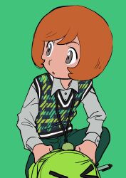 Rule 34 | 1boy, :o, alternate costume, bag, buttons, collared shirt, commentary, creatures (company), elizabeth (tomas21), game freak, green background, green bag, green pants, grey eyes, grey shirt, highres, long sleeves, looking to the side, male focus, nintendo, orange hair, pants, parted lips, pokemon, pokemon xy, shirt, short hair, simple background, solo, trevor (pokemon), unworn bag, vest