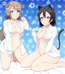 Rule 34 | 10s, 2girls, absurdres, animal ears, areola slip, barefoot, black hair, blue eyes, blush, bottomless, breasts, cat ears, cat tail, character name, closed mouth, cousins, dog ears, dog tail, frown, grey hair, highres, kneeling, large breasts, looking at viewer, love live!, love live! sunshine!!, medium breasts, medium hair, miya anko, multiple girls, naked shirt, no bra, no pussy, open clothes, open shirt, purple eyes, shirt, smile, tail, watanabe tsuki, watanabe you, white shirt