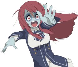 Rule 34 | 10s, 1girl, ahoge, bandages, bow, hair bow, hair ornament, long hair, minamoto sakura, open mouth, outstretched arms, pettan, polka dot, red eyes, red hair, scar, scar on face, scar on forehead, school uniform, solo, zombie, zombie land saga, zombie pose