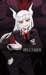 Rule 34 | 1girl, 2others, alcohol, blunt bangs, breasts, copyright name, crown, cup, drinking glass, gloves, grin, hand on own hip, helltaker, highres, horns, long hair, looking at viewer, lucifer (helltaker), mole, mole under eye, multiple others, necktie, red eyes, school uniform, sigama, skeleton (helltaker), smile, teeth, white gloves, white hair, wine, wine glass