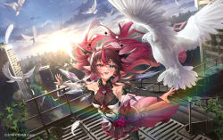 Rule 34 | 1girl, :d, bare shoulders, bird, blue eyes, blush, breasts, bridal gauntlets, cityscape, day, detached wings, dove, dress, falling feathers, feathers, floating hair, flower, hair between eyes, heterochromia, highres, hololive, hololive english, horns, irys (hololive), kito koruta, long hair, looking at animal, medium breasts, multicolored hair, nail polish, official art, open mouth, outdoors, outstretched arms, plant, pointy ears, red eyes, red flower, red hair, red nails, sleeveless, sleeveless dress, smile, solo, stairs, standing, streaked hair, virtual youtuber, wings