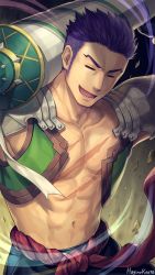 Rule 34 | 1boy, :d, abs, artist name, bare pectorals, caladbolg (fate), closed eyes, fate/grand order, fate (series), fergus mac roich (fate), green pants, hagino kouta, male focus, navel, open mouth, over shoulder, pants, pectorals, purple hair, scar, scar on chest, signature, smile, solo, upper body, v-shaped eyebrows, weapon, weapon over shoulder
