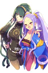 Rule 34 | 2girls, blunt bangs, blush, breasts, chinese clothes, cleavage, cleopatra (fate), closed mouth, collarbone, dress, earrings, echo (circa), facial mark, fate/grand order, fate (series), forehead, green eyes, green hair, hair ornament, hair scrunchie, hairband, hand on another&#039;s shoulder, hanfu, hoop earrings, jewelry, large breasts, long hair, long sleeves, looking at viewer, multiple girls, necklace, open mouth, pantyhose, parted bangs, pelvic curtain, purple dress, purple eyes, purple hair, sash, scrunchie, shorts, simple background, small breasts, smile, sparkle, thighs, very long hair, white background, wide sleeves, wu zetian (fate), wu zetian (first ascension) (fate), yellow scrunchie