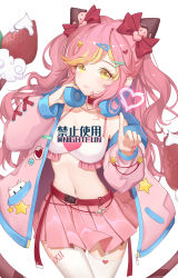 Rule 34 | 1girl, alternate costume, bad id, bad pixiv id, belt, blonde hair, bow, breasts, character request, check character, cowboy shot, evelynn (league of legends), food-themed hair ornament, garter straps, green jacket, hair bow, hair ornament, hairclip, headphones, heart, highres, index finger raised, jacket, large breasts, league of legends, long hair, long sleeves, looking at viewer, miniskirt, navel, nightfun, open clothes, open jacket, pink skirt, pleated skirt, red belt, red bow, skirt, smile, solo, stomach, strawberry hair ornament, thighhighs, translation request, twintails, white background, x hair ornament