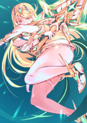 Rule 34 | 1girl, absurdres, aegis sword (xenoblade), bare legs, bare shoulders, blonde hair, breasts, chest jewel, cleavage, cleavage cutout, clothing cutout, commentary request, dress, earrings, elbow gloves, gloves, highres, jewelry, large breasts, long hair, mythra (xenoblade), short dress, solo, swept bangs, thigh strap, tiara, ug333333, very long hair, white dress, white footwear, white gloves, xenoblade chronicles (series), xenoblade chronicles 2, yellow eyes