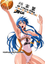 Rule 34 | 1girl, basketball, basketball uniform, blue hair, blush, bow, breasts, brown eyes, character name, cleavage, covered navel, english text, female focus, ge xi, gou song (ge xi), hair bow, jumping, leotard, long hair, measurements, navel, open mouth, original, simple background, solo, sportswear, twintails, very long hair, watermark, web address, white background