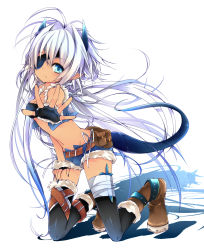 Rule 34 | 1girl, belt, bikini, bikini top only, black gloves, black thighhighs, blue eyes, blue nails, boots, demon girl, demon horns, demon tail, eyepatch, fingerless gloves, gloves, highres, horns, kneeling, knife, leeannpippisum, long hair, looking at viewer, midriff, nail polish, navel, open clothes, open vest, original, outstretched arm, outstretched hand, pocket, pointy ears, revealing clothes, shadow, short shorts, shorts, silver hair, simple background, solo, swimsuit, tail, thighhighs, very long hair, vest, white background