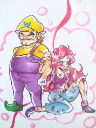 Rule 34 | 1boy, 1girl, ankle boots, arm hug, bare shoulders, blush, boots, breasts, brown hair, bruise, captain syrup, cleavage, eyeliner, facial hair, gloves, injury, jewelry, long hair, makeup, mario (series), mustache, necklace, nintendo, no headwear, omu (sinsindan), overalls, pants, pendant, pointy ears, pointy footwear, red eyes, red hair, shoes, torn clothes, torn pants, wario, wario land, wario land: shake it!