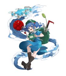 Rule 34 | 1girl, absurdres, backpack, bag, blue hair, boots, cattail, devilkillerx, flat cap, front ponytail, full body, green bag, green hat, hair bobbles, hair ornament, hat, highres, kappa, kawashiro nitori, plant, rubber boots, solo, tokin hat, touhou, two side up, water, white background, wrench