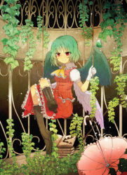Rule 34 | 1girl, aoi (annbi), ascot, book, book stack, boots, bug, butterfly, cross-laced footwear, crossed legs, female focus, frilled skirt, frills, gloves, green hair, insect, kazami yuuka, knee boots, lace-up boots, leaf, multiple wings, open book, plaid, plaid skirt, plant, red eyes, rope, seihou, short hair, sitting, skirt, smile, solo, swing, touhou, umbrella, vest, vines, white gloves, wings