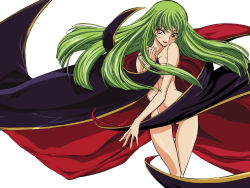 Rule 34 | 00s, 1girl, breasts, c.c., cape, censored, code geass, convenient censoring, covering privates, covering breasts, facial mark, forehead mark, green eyes, jpeg artifacts, legs, long hair, naked cape, navel, nude, nude cover, sakou yukie, simple background, smile, solo, thigh gap, yellow eyes