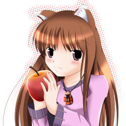 Rule 34 | 00s, 1girl, animal ears, apple, bad anatomy, blush, brown hair, dress, food, fruit, holo, long hair, poorly drawn, red eyes, solo, spice and wolf, tail, wolf ears