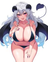 Rule 34 | 1girl, bikini, black bikini, blush, breasts, cleavage, collarbone, commission, curvy, demon girl, demon horns, demon tail, demon wings, fang, fingernails, grey hair, hand on own chest, hand on own thigh, highres, horns, huge breasts, long hair, looking at viewer, messy hair, nail polish, navel, open mouth, original, purple eyes, purple nails, sharp fingernails, simple background, skeb commission, smile, solo, suruga (xsurugax), swimsuit, tail, very long hair, wavy hair, white background, wide hips, wings