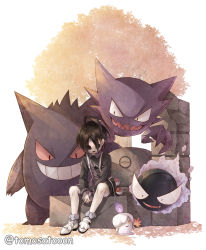 Rule 34 | 1boy, ahoge, allister (pokemon), autumn leaves, black hair, collared shirt, commentary request, creatures (company), game freak, gastly, gen 1 pokemon, gen 5 pokemon, gengar, gym leader, haunter, highres, litwick, long sleeves, looking down, male focus, mask, nintendo, poke ball, poke ball (basic), pokemon, pokemon: twilight wings, pokemon (creature), pokemon swsh, shirt, shoes, short hair, shorts, sitting, suspender shorts, suspenders, tomosatooon, white footwear