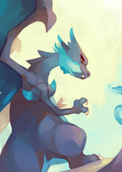 Rule 34 | blue fire, charizard, claws, creature, creatures (company), dragon, fire, flame-tipped tail, game freak, gen 1 pokemon, highres, horns, looking at viewer, looking back, mega charizard x, mega pokemon, nintendo, no humans, pokemon, pokemon (creature), salanchu, simple background, solo, white background