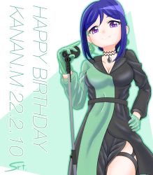Rule 34 | 1girl, artist name, artist request, azalea (love live!), bare legs, belt, black belt, black choker, black dress, black shorts, blue hair, blush, breasts, buttons, choker, cleavage, dress, female focus, gloves, green background, green dress, green gloves, hair between eyes, hand on own hip, high ponytail, highres, himitsu no story (love live!), holding, holding microphone stand, in the dark (love live!), long hair, looking at viewer, love live!, love live! school idol festival, love live! sunshine!!, matsuura kanan, medium breasts, microphone stand, parted lips, ponytail, purple eyes, short dress, short sleeves, shorts, shorts under dress, smile, solo, the secret story (love live!), two-tone dress, white background