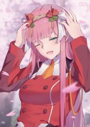 Rule 34 | 10s, 1girl, ;d, blunt bangs, breasts, cherry blossoms, darling in the franxx, flower, green eyes, hair flower, hair ornament, hair ribbon, long hair, medium breasts, necktie, one eye closed, open mouth, orange necktie, pink hair, red flower, ribbon, short necktie, smile, solo, upper body, very long hair, white ribbon, yeh (354162698), zero two (darling in the franxx)