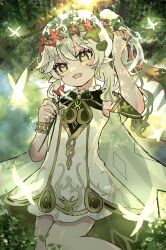 Rule 34 | 1girl, :d, cape, detached sleeves, dress, flower, genshin impact, green eyes, green sleeves, hair flower, hair ornament, head wreath, highres, holding, holding flower, long hair, nahida (genshin impact), open mouth, pointy ears, red flower, sayu (r12 34), short dress, short sleeves, side ponytail, sleeveless, sleeveless dress, smile, solo, symbol-shaped pupils, white cape, white dress, white flower, white hair