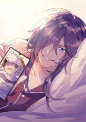 Rule 34 | 1boy, animal, animal on head, blanket, blue eyes, cat, cellphone, cellphone photo, grin, hair over one eye, highres, holding, holding phone, light blush, lingcat, long hair, long sleeves, looking at viewer, lu wu (the tale of food), lying, male focus, male master (the tale of food), on bed, on head, on side, pajamas, phone, pillow, purple hair, red pajamas, red shirt, shirt, smartphone, smile, solo, the tale of food, under covers, upper body, white background, yuxiang pork (the tale of food)