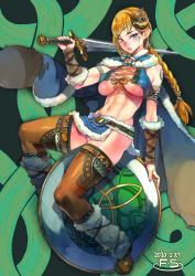 Rule 34 | 1girl, abs, bad id, bad pixiv id, blonde hair, blue eyes, blush, breasts, covered erect nipples, f.s., female focus, fur trim, highres, holding, holding sword, holding weapon, large breasts, long hair, looking at viewer, muscular, muscular female, navel, no bra, original, panties, parted lips, shiny skin, sitting, solo, sword, tattoo, thighhighs, underboob, underwear, warrior, weapon
