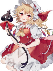 Rule 34 | 1girl, ascot, blonde hair, cowboy shot, crystal wings, dress, flandre scarlet, hat, hat ribbon, highres, laevatein (touhou), medium hair, mob cap, open mouth, puffy short sleeves, puffy sleeves, red dress, red eyes, red ribbon, ribbon, short sleeves, side ponytail, simple background, solo, sorani (kaeru0768), touhou, white background, yellow ascot