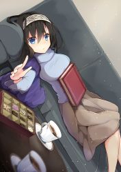 Rule 34 | 10s, 1girl, black hair, blue eyes, book, chocolate, coffee, coffee cup, couch, cup, disposable cup, hairband, holding, holding book, idolmaster, idolmaster cinderella girls, jewelry, long hair, lying, on back, out of frame, pendant, reaching, reaching towards viewer, sagisawa fumika, se-u-ra, shawl, solo focus, sweater, table