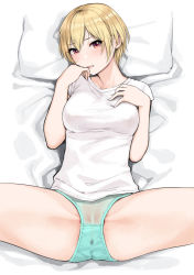 Rule 34 | 1girl, bed sheet, blonde hair, blue panties, blush, breasts, commentary, green panties, groin tendon, hand on own cheek, hand on own chest, hand on own face, head on pillow, highres, idolmaster, idolmaster shiny colors, looking at viewer, lying, on back, on bed, panties, parted lips, pillow, pussy juice stain, red eyes, saijo juri, see-through, shirt, short hair, solo, spread legs, sunaba suzume, t-shirt, underwear, wet, wet clothes, wet panties, white shirt