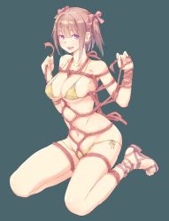 Rule 34 | 1girl, :d, armpits, bare shoulders, bikini, blunt bangs, breasts, brown hair, fingernails, full body, green background, hair ribbon, hands up, large breasts, looking at viewer, navel, no socks, open mouth, original, purple eyes, ribbon, sandals, shibari, short hair, simple background, sitting, smile, solo, swimsuit, toenails, twintails, uniskie, yellow bikini
