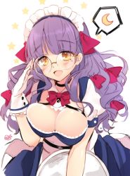 Rule 34 | 1girl, adjusting eyewear, black ribbon, blue dress, blunt bangs, blush, breasts, breasts squeezed together, byulzzi, choker, cleavage, crescent moon symbol, dress, glasses, gloves, hand up, holding, holding tray, large breasts, light purple hair, long hair, looking at viewer, maid, maid headdress, mole, mole under eye, neck ribbon, open mouth, original, ribbon, smile, solo, speech bubble, tray, white background, white gloves, yellow eyes