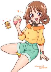 Rule 34 | 1girl, :d, baozi, brown eyes, brown hair, creature, delicious party precure, dragon, food, green shorts, hair rings, hanamichi ran, heart, holding, holding food, jewelry, looking at viewer, mem-mem (precure), necklace, open mouth, precure, sabum, shirt, short hair, shorts, simple background, smile, watch, white background, wristwatch, yellow shirt