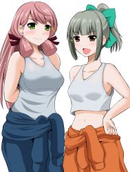 Rule 34 | 10s, 2girls, akashi (kancolle), alternate costume, arms behind back, bare arms, bare shoulders, blue pants, blush, bow, breasts, brown eyes, commentary request, eyebrows, green bow, green eyes, green hair, highres, kantai collection, large breasts, long hair, looking at viewer, medium breasts, midriff, multiple girls, navel, open mouth, orange pants, pants, pink hair, ponytail, simple background, smile, sparkle, standing, tank top, white background, yano toshinori, yuubari (kancolle)