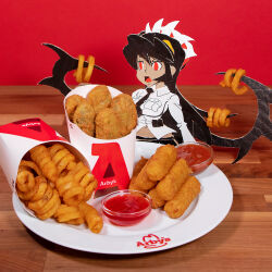 Rule 34 | 1girl, absurdly long hair, anniversary, arby&#039;s, arby&#039;s (brand account), between breasts, black hair, black necktie, breast pocket, breasts, cardboard (medium), cardboard cutout, character request, chicken nuggets, closed mouth, collared shirt, commentary, curly fries, dark-skinned female, dark skin, double breast pockets, english commentary, filia (skullgirls), food, food focus, food on hair, indoors, ketchup, long hair, long sleeves, medium breasts, midriff, navel peek, necktie, necktie between breasts, open mouth, photo (medium), plate, pocket, prehensile hair, red background, red eyes, sauce, shirt, skullgirls, solo, sweet and sour sauce, table, tongue, upper body, very long hair, wooden table