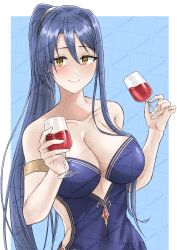 Rule 34 | 1girl, absurdres, alcohol, areez.ez, blue hair, blush, breasts, cleavage cutout, clothing cutout, cup, dress, drinking glass, eiyuu densetsu, glass, hair between eyes, highres, large breasts, laura s. arseid, long hair, looking at viewer, ponytail, sen no kiseki, smile, solo, watermark, wine, wine glass, yellow eyes