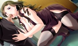 Rule 34 | 1girl, black eyes, black hair, black thighhighs, breasts, censored, cleavage, club romance: club romance e youkoso, dress, earrings, feet, fellatio, game cg, jewelry, kneeling, large breasts, legs, long hair, looking up, mole, oral, penis, standing, sweat, thighhighs, thighs, toes, wavy hair
