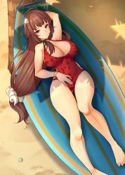 Rule 34 | 1girl, ahoge, ajidot, arm behind back, armpits, asymmetrical hair, barefoot, beach, blue eyes, breasts, brown hair, choker, cleavage, closed mouth, covered navel, daphne (last origin), gluteal fold, hair ornament, halterneck, hammock, highres, large breasts, last origin, legs, long hair, looking at viewer, low-tied long hair, lying, narrow waist, on back, one-piece swimsuit, palm tree, ponytail, red one-piece swimsuit, seashell, shade, shell, shell hair ornament, single sidelock, smile, solo, swimsuit, tree, tsurime, very long hair, wide hips