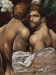 Rule 34 | 2boys, bara, bare back, beard, blue eyes, brown hair, butt crack, cowboy shot, facing away, from behind, greek mythology, head wings, hermes (mythology), highres, looking at viewer, looking back, male focus, mature male, multiple boys, muscular, muscular male, nipples, pectorals, realistic, salem beiruti, short hair, sideburns, sidepec, stomach, thick beard, thick mustache, wings