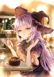 Rule 34 | 1girl, absurdres, blunt bangs, blurry, blurry background, bokeh, bow, cafe, cake, chocolate cake, depth of field, food, fork, frilled hat, frills, hand in own hair, hat, highres, holding, holding fork, hololive, indoors, komorihikki, licking lips, long hair, murasaki shion, murasaki shion (1st costume), nail polish, p:, puffy short sleeves, puffy sleeves, restaurant, short sleeves, smile, solo, table, tongue, tongue out, very long hair, virtual youtuber, white hair, witch hat, yellow eyes