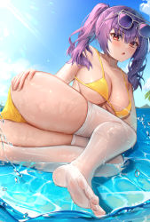 Rule 34 | 1girl, absurdres, ass, azur lane, bad id, bad pixiv id, bikini, blush, breasts, eyewear on head, feet, hand on own ass, highres, huge filesize, large breasts, looking at viewer, lying, minttchocok, navel, official alternate costume, on side, open mouth, pola (azur lane), pola (seaside coincidence) (azur lane), purple hair, red eyes, soaking feet, sunglasses, swimsuit, thighhighs, thighs, twintails, water, water drop, wet, white thighhighs, yellow bikini