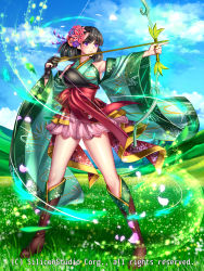 Rule 34 | 1girl, arrow (projectile), bare shoulders, black hair, boots, bow (weapon), brown footwear, company name, day, fingerless gloves, flower, full body, gloves, grass, gyakushuu no fantasica, hair flower, hair ornament, highres, japanese clothes, knee boots, official art, petals, purple eyes, ryuki@maguro-ex, sky, solo, weapon