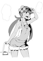 Rule 34 | 1girl, arm up, armpits, bare arms, bare shoulders, blank speech bubble, blush, breasts, collarbone, contrapposto, creatures (company), cropped legs, cutoffs, flower, game freak, greyscale, hair flower, hair ornament, hair tie, hairband, highres, holding, kurosu gatari, leaning forward, long hair, looking to the side, luggage, mallow (pokemon), monochrome, nintendo, open mouth, overall shorts, overalls, pokemon, pokemon sm, rolling suitcase, shiny skin, simple background, sleeveless, small breasts, solo, speech bubble, standing, suitcase, swept bangs, teeth, trial captain, twintails, white background