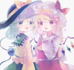 Rule 34 | 2girls, ascot, bat wings, black hat, blonde hair, blouse, bow, buttons, crystal, diamond button, eyeball, flandre scarlet, frilled shirt collar, frilled sleeves, frills, green hair, green skirt, hat, hat bow, hat ribbon, heart, heart of string, hiyuu (hiyualice), komeiji koishi, mob cap, multicolored clothes, multicolored hair, multicolored wings, multiple girls, one side up, puffy short sleeves, puffy sleeves, red eyes, red skirt, red vest, ribbon, shirt, short sleeves, side ponytail, skirt, skirt set, third eye, touhou, vest, white hat, wide sleeves, wings, yellow ascot, yellow bow, yellow ribbon, yellow shirt