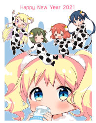 Rule 34 | &gt; &lt;, 5girls, :o, = =, alice cartelet, animal print, arm up, blonde hair, blue background, blue eyes, blue hair, blunt bangs, blush, bottle, breasts, brown hair, chibi, chinese zodiac, closed eyes, closed mouth, commentary request, cow print, cow tail, dated, drinking, english text, everyone, eyebrows hidden by hair, fang, floating hair, full body, hair between eyes, hair ornament, hairclip, hands up, happy new year, hara yui, horns, inokuma youko, kin-iro mosaic, komichi aya, kujou karen, long hair, looking at viewer, looking away, looking up, medium breasts, medium hair, milk bottle, multiple girls, new year, official alternate costume, official art, one eye closed, oomiya shinobu, open mouth, orange hair, outline, outstretched arm, outstretched arms, ox ears, ox girl, ox horns, pajamas, purple eyes, skin fang, small breasts, swept bangs, tail, thick eyebrows, twintails, upper body, v, very long hair, white background, white outline, x hair ornament, year of the ox