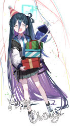 Rule 34 | 1girl, :d, absurdly long hair, absurdres, aris (blue archive), black hairband, black skirt, black socks, blue archive, blue hair, blue necktie, closed eyes, confetti, dark blue hair, gift, hair spread out, hairband, halo, happy birthday, hat, highres, holding, holding gift, hwan (verypoor), jacket, light purple hair, long hair, long sleeves, multicolored hair, necktie, open mouth, party hat, simple background, skirt, smile, socks, standing, streamers, tie clip, very long hair, white footwear, white jacket