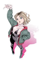 Rule 34 | 1girl, animification, arm up, asymmetrical hair, ballet slippers, blonde hair, blue eyes, blue footwear, bodysuit, bodysuit under clothes, commentary request, eyebrow piercing, eyelashes, from above, full body, green jacket, gwen stacy, head tilt, highres, hood, hood down, jacket, komi shin&#039;ya, looking at viewer, m/, marvel, open clothes, open jacket, open mouth, piercing, shadow, short hair, solo, spider-gwen, spider-man: into the spider-verse, spider-man (series), spider-verse, spider web print, superhero costume, white background