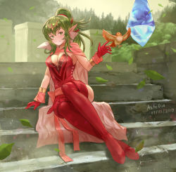Rule 34 | 1girl, absurdres, aged up, artist name, aztodio, bird, boots, bracelet, breasts, cape, circlet, cleavage, commentary, dated, dress, english commentary, fire emblem, fire emblem: mystery of the emblem, fire emblem awakening, fire emblem heroes, garter straps, gloves, green eyes, green hair, hair ornament, hair ribbon, highres, jewelry, light smile, long hair, looking at viewer, nintendo, pink cape, pink dress, pink thighhighs, pointy ears, ponytail, red dress, red footwear, red ribbon, ribbon, short dress, side slit, sitting, sitting on stairs, solo, stairs, stone, strapless, strapless dress, thigh boots, thighhighs, tiara, tiki (adult) (fire emblem), tiki (fire emblem)